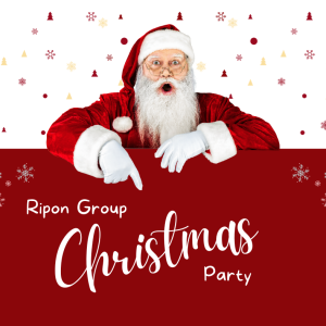 Santa pointing to a sigh saying Ripon Group Christmas Party