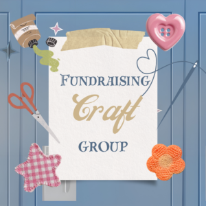 fundraising craft group advert wooden panel background with various craft items placed on