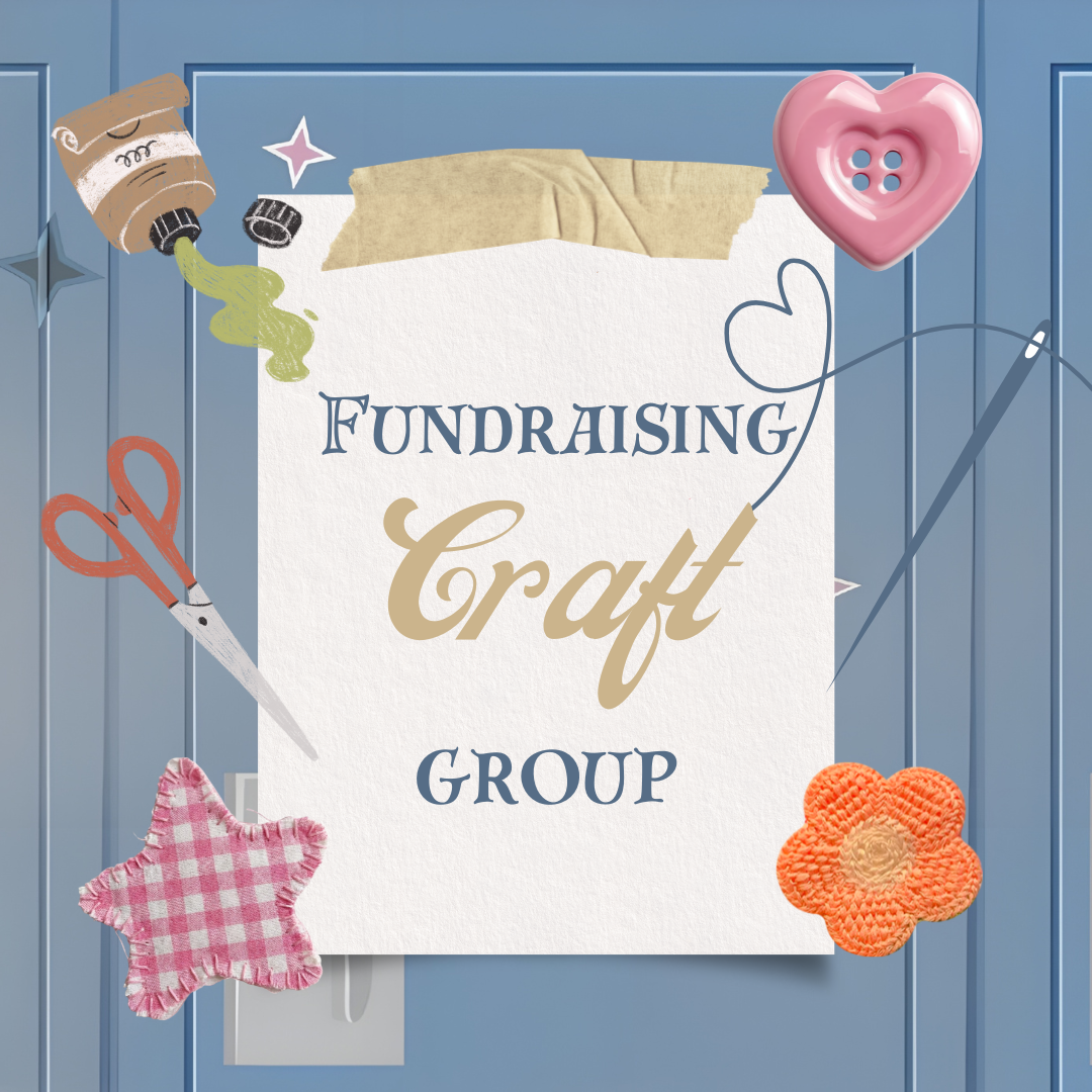 fundraising craft group advert wooden panel background with various craft items placed on